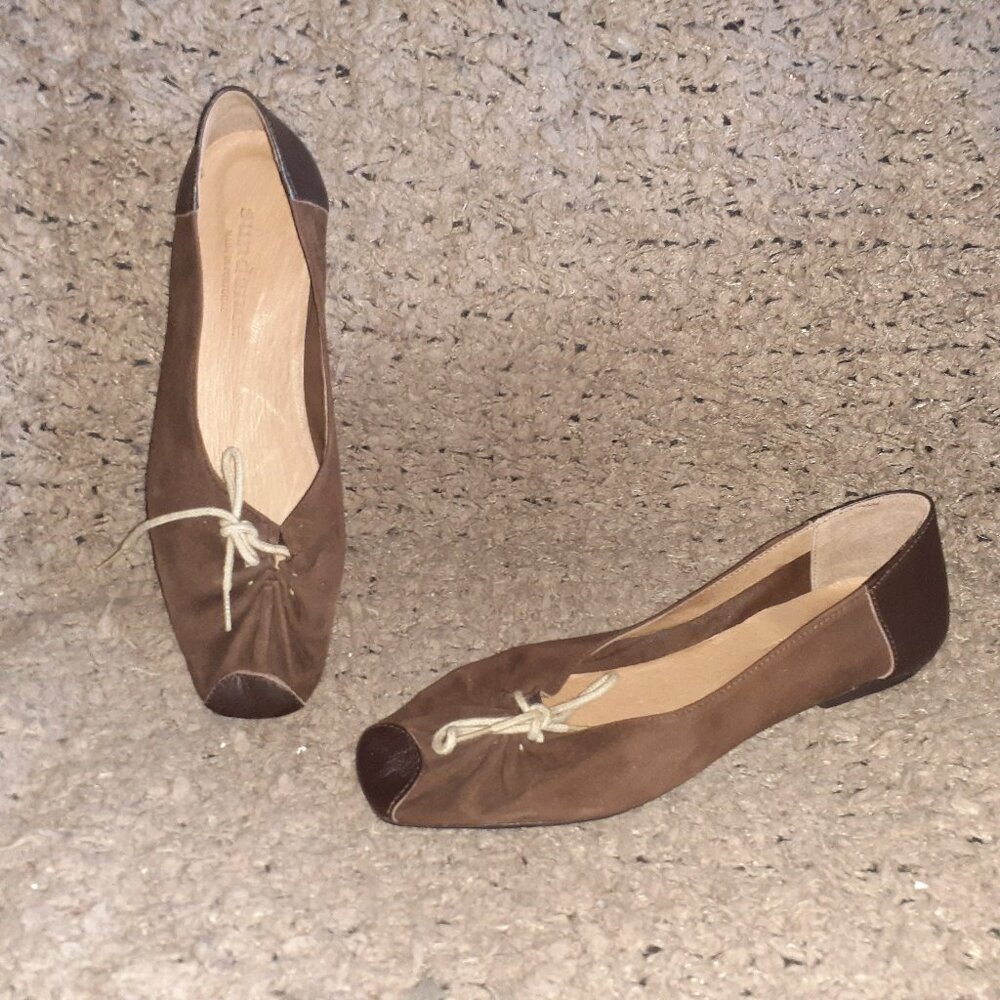 SUNDANCE-Soft Brown Suede-Leather Accents-Tie-Up-Ballet Flats-Sz 38-NWOB